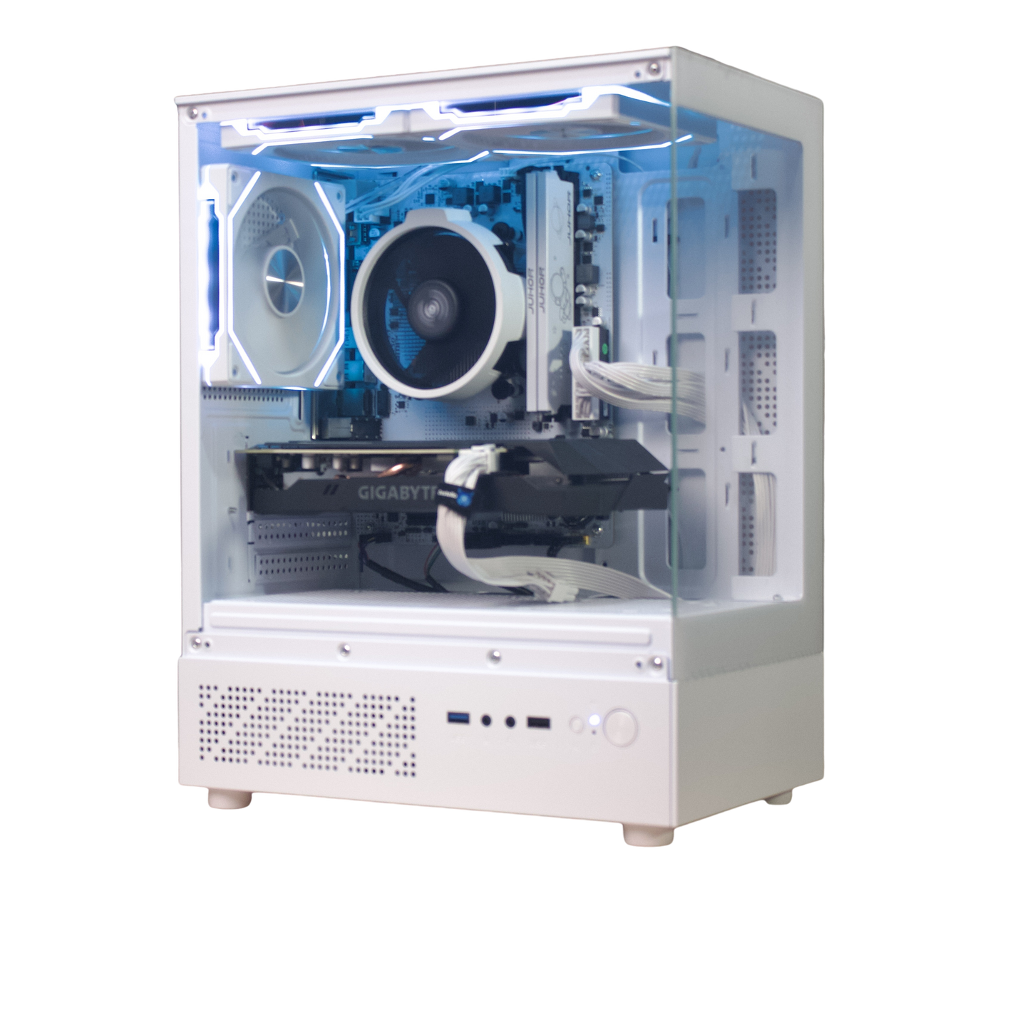 Destello Luz Upgrade white gaming PC, studio shot with blue RGB