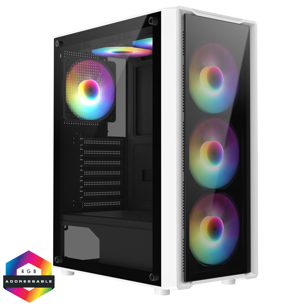 CiT Blade White ATX Gaming Case with Tempered Glass Panels with 70 Percent Tint with 6 x Inner-Ring ARGB Fans and 6-Port Hub