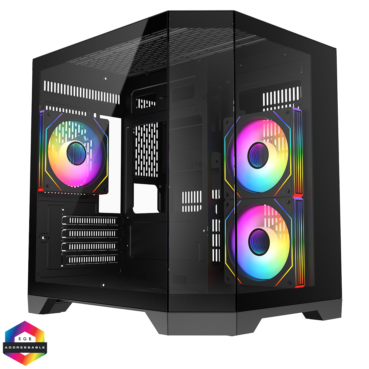 CiT DS240 Black ATX Gaming Case With Dual Chamber Panoramic Tempered Glass With 3 x CiT Pro Storm 120mm Fans and 6 Port PWM Hub