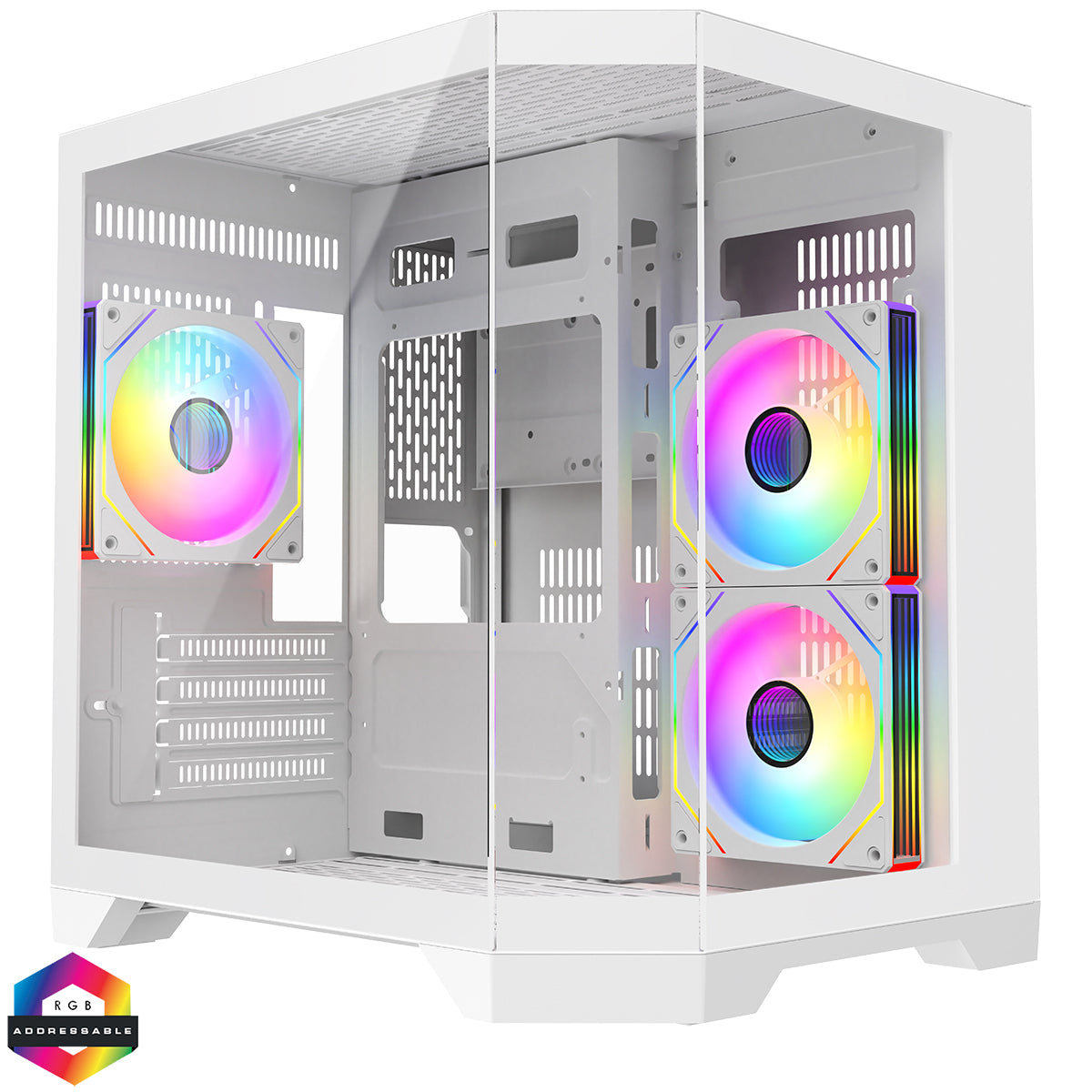 CiT DS240 White ATX Gaming Case With Dual Chamber Panoramic Tempered Glass With 3 x CiT Pro Storm 120mm Fans and 6 Port PWM Hub