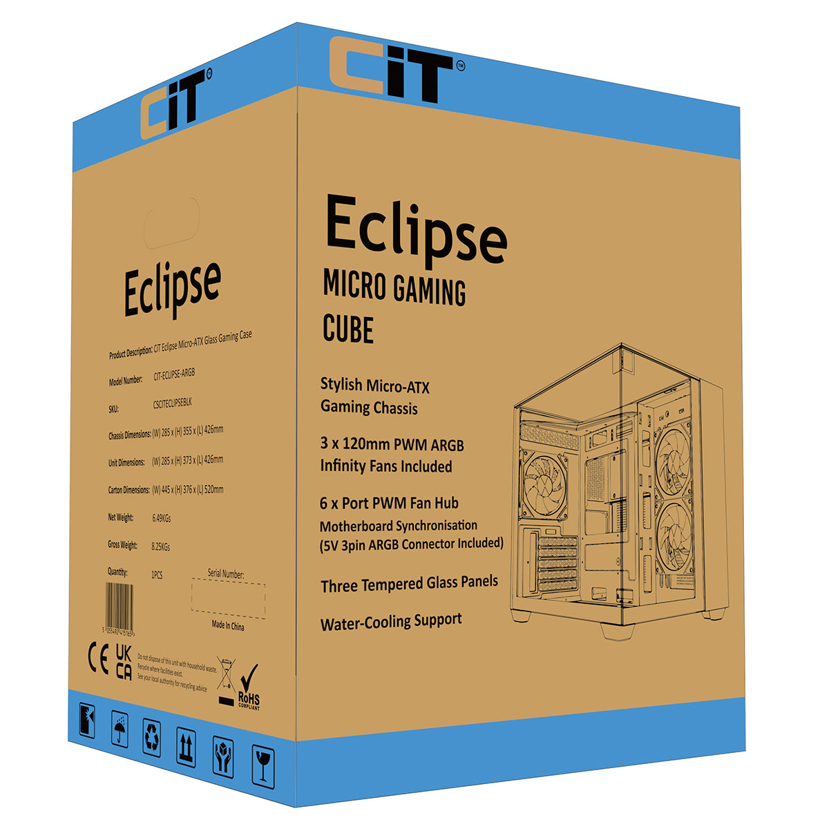 CiT Eclipse Black Micro-ATX Gaming Case With Three-Sided Tempered Glass and LED Strip With 3 x 120mm Infinity ARGB Fans