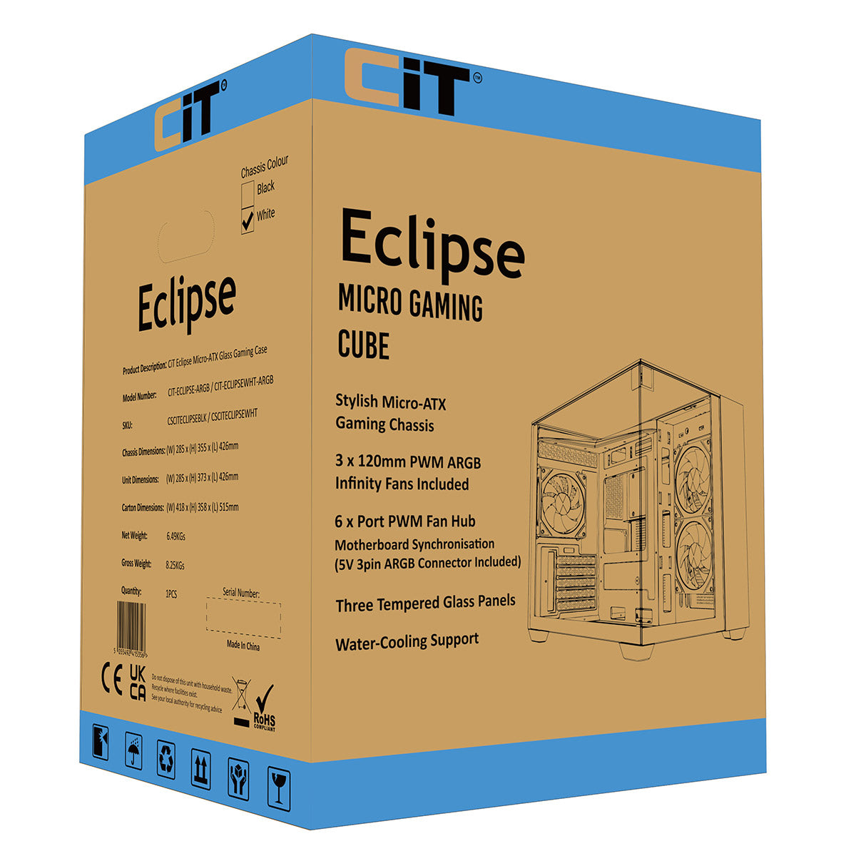 CiT Eclipse White Micro-ATX Gaming Case With Three-Sided Tempered Glass and LED Strip With 3 x 120mm Infinity ARGB Fans