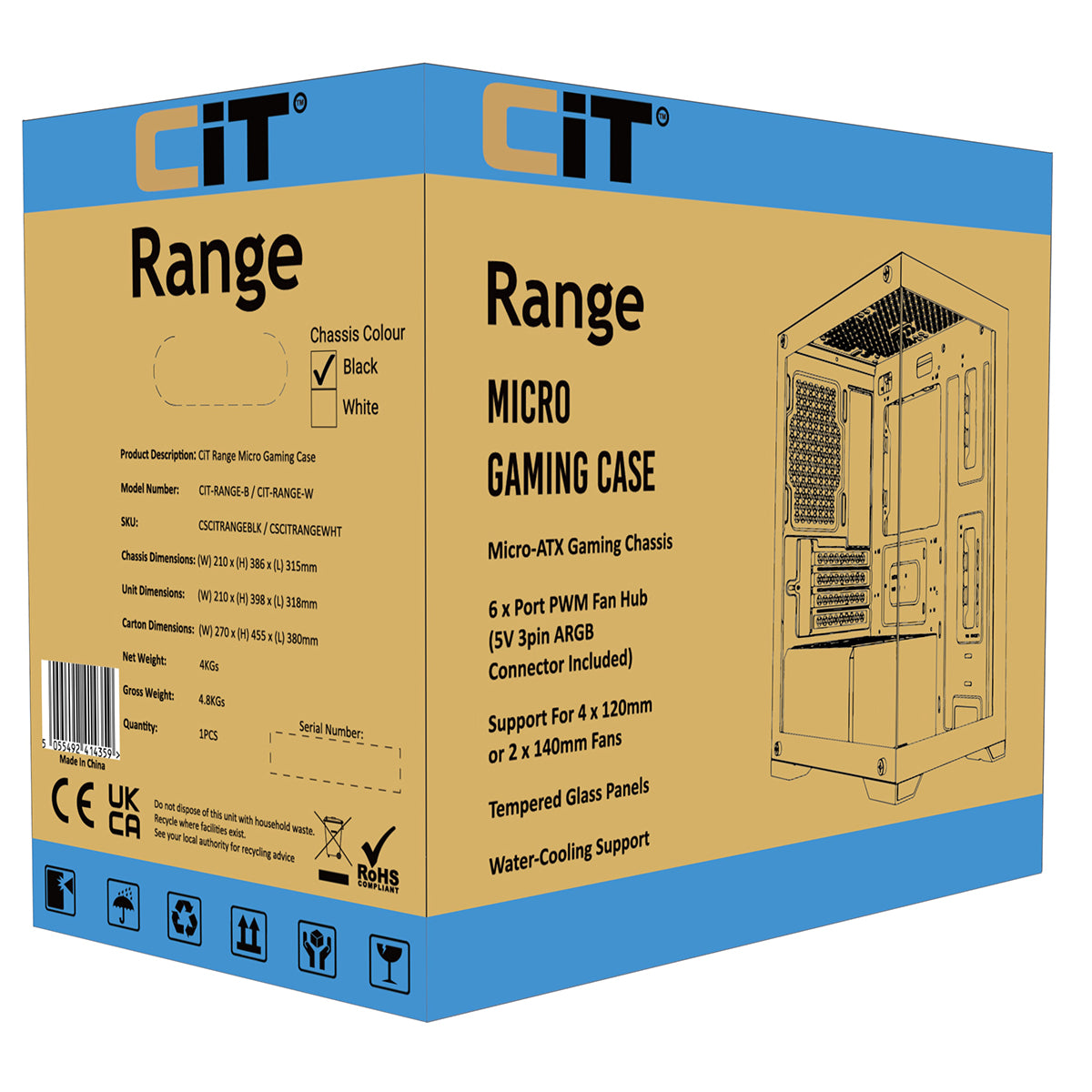 CiT Range Micro-ATX PC Case - Black | Dual Tempered Glass | ARGB Fans Included