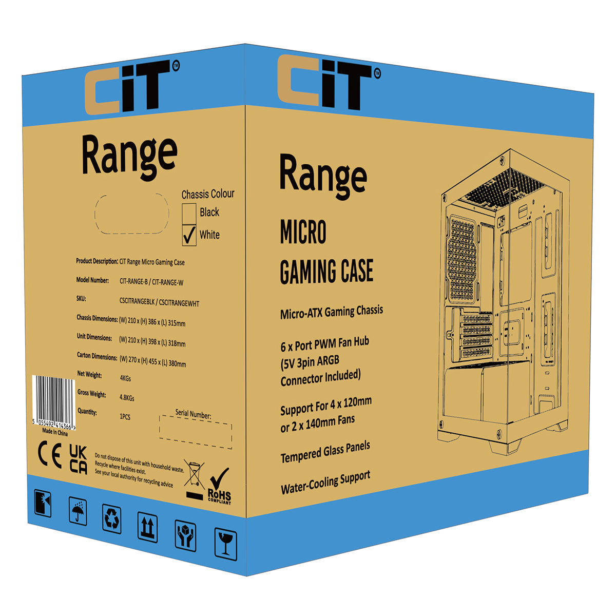 CiT Range Micro-ATX PC Case - White | Dual Tempered Glass | ARGB Fans Included