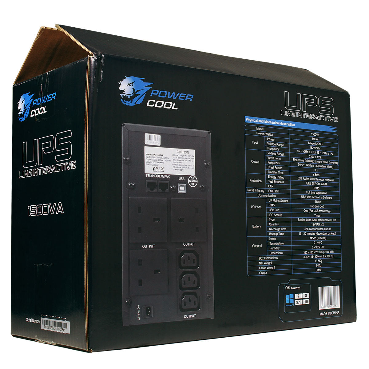 Powercool Smart UPS 1500VA 3 x UK Plug 3 x IEC RJ45 x 2 USB LCD Display