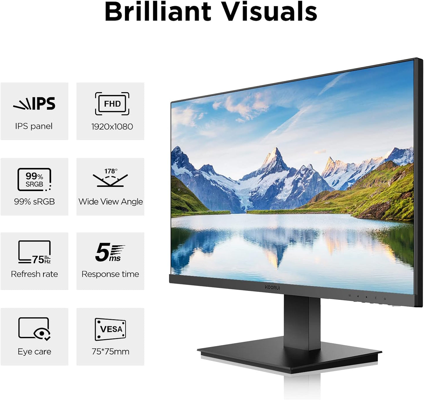 KOORUI 24 Inch FHD Monitor, IPS Computer Monitors, 75Hz, 5ms, 16:9 Full HD (1920 x 1080), VESA Mountable, HDMI/VGA, Low Blue Light, 99% SRGB