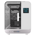 Destello Tormenta gaming PC internal detail view showing motherboard, NVMe SSD, cable routing and system monitoring display