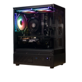 Destello Luz budget gaming PC in black case, side view showing tempered glass panel with RGB fans, MSI GTX 1660 Super GPU and AMD Ryzen cooler