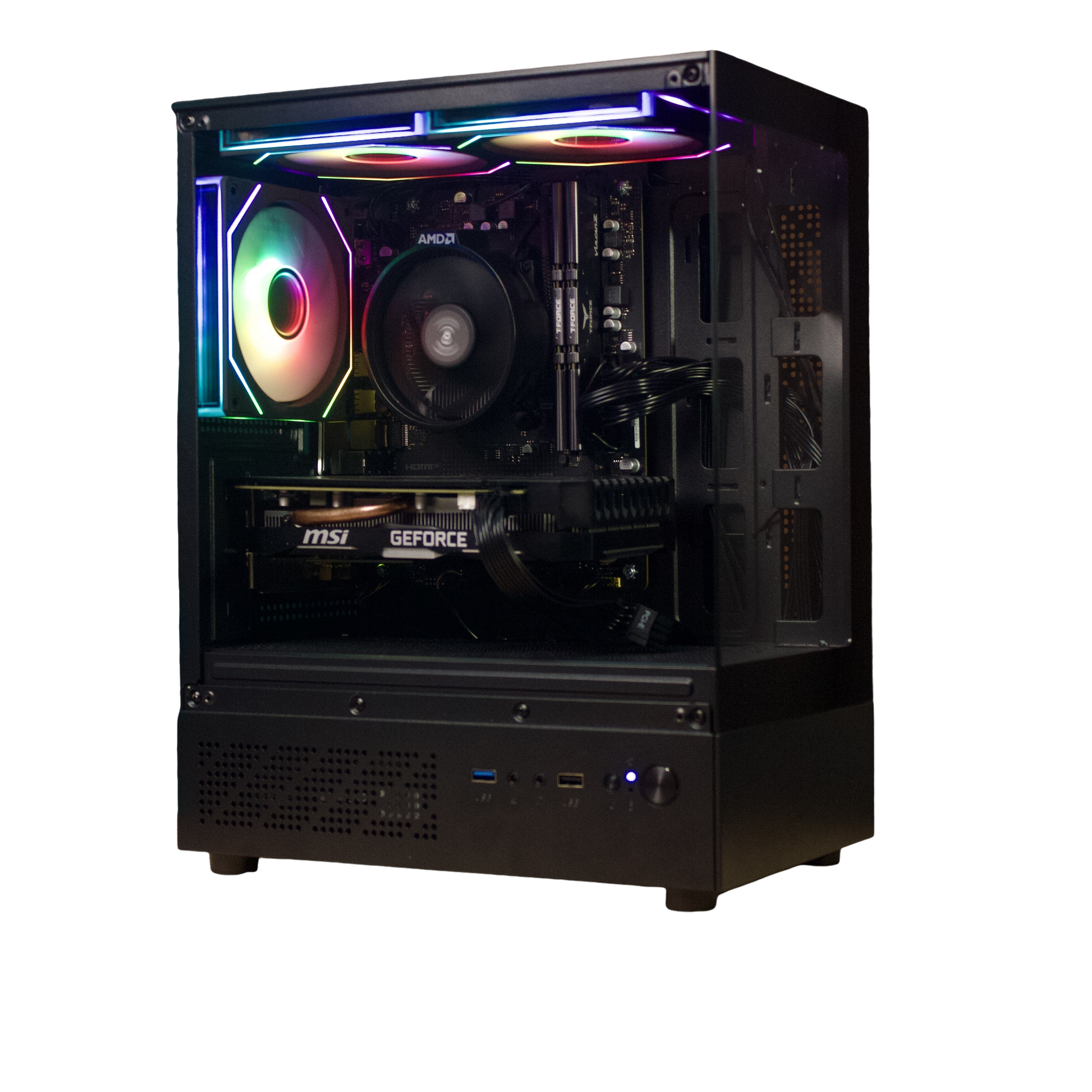 Destello Luz Upgrade black gaming PC, side view with tempered glass panel and RGB fans