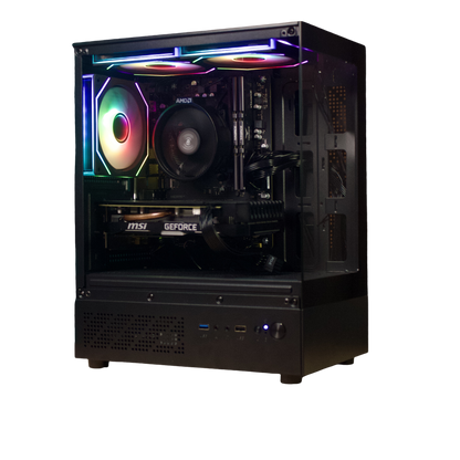 Destello Luz Upgrade black gaming PC, side view with tempered glass panel and RGB fans