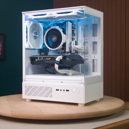 Destello Luz Upgrade white gaming PC, front-left view with blue and white RGB