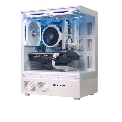 Destello Luz Upgrade white gaming PC, studio shot with blue RGB