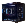 Destello Rayo black gaming PC three-quarter view, tempered glass side panel with purple and blue RGB lighting on components