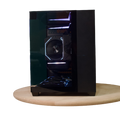 Destello Rayo black gaming PC top-down interior view through tempered glass showing RTX 3070 GPU, RAM and RGB fans