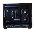 Destello Rayo black gaming PC front view showing internal components through tempered glass with RGB LED strip and cooling fans