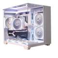 Destello Rayo mid-range gaming PC in white case, front-left angle showing tempered glass panel with white RGB fans and RTX 3070 GPU