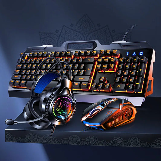 USB RGB Backlit Gaming Keyboard and Mouse Headphone Set, 3-in-1 Wired Gamer Kit for PC and Laptop