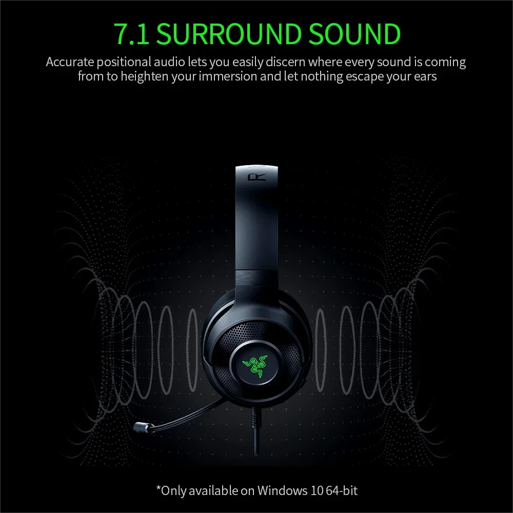 Razer Kraken X Essential Gaming Headset - 7.1 Surround Sound Headphones with Bendable Cardioid Microphone, 40mm Driver Unit