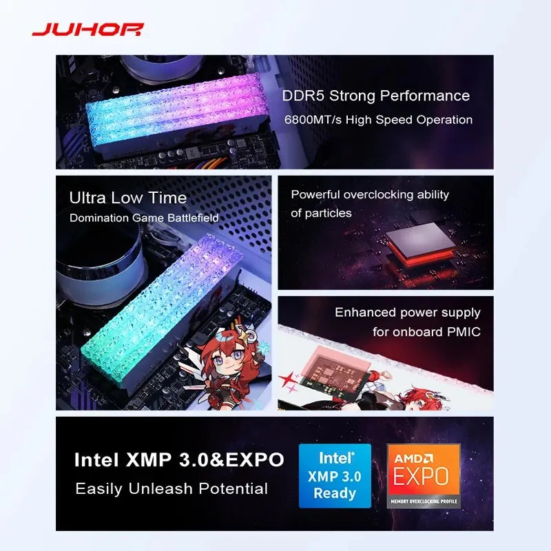 JUHOR DDR5 RGB Memory 16GB, 6400MHz 6800MHz, Hynix Original Chip, Desktop Computer RAM