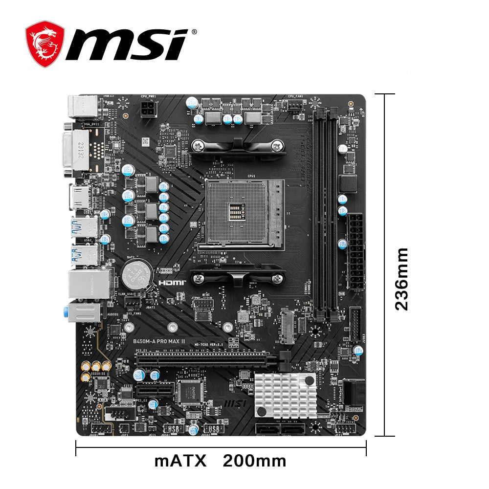 MSI B450M-A PRO MAX II Motherboard, Dual-Channel DDR4, M.2, SATA III, USB 3.2, Supports AMD R9 CPUs, Socket AM4