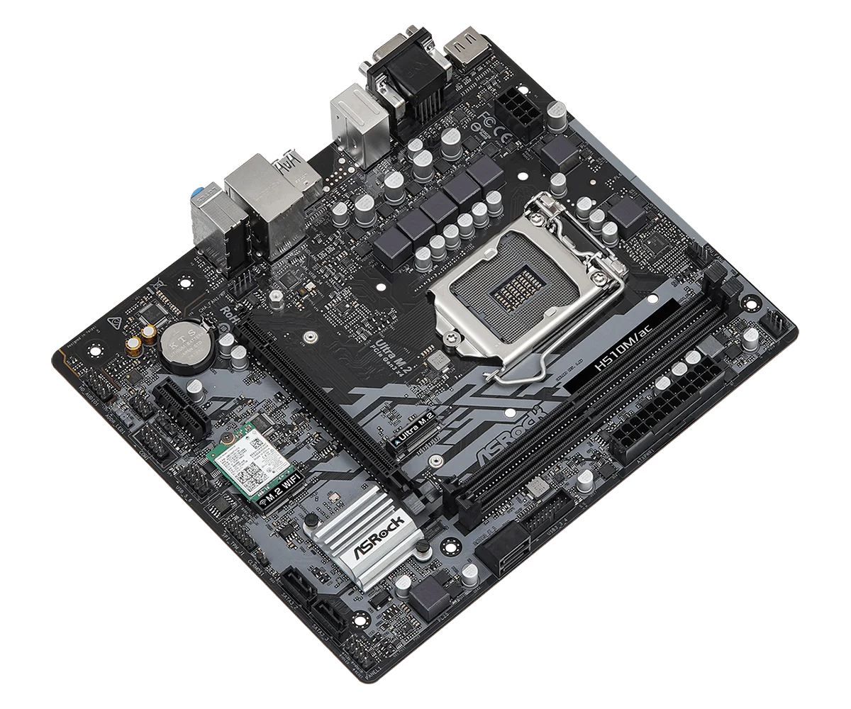 ASRock H510M/AC Micro ATX Motherboard, LGA 1200, Intel H510, 2×DDR4 64GB, PCI-E 4.0, USB 3.2 Gen1, Supports Core i3-10105F, i5-11400F