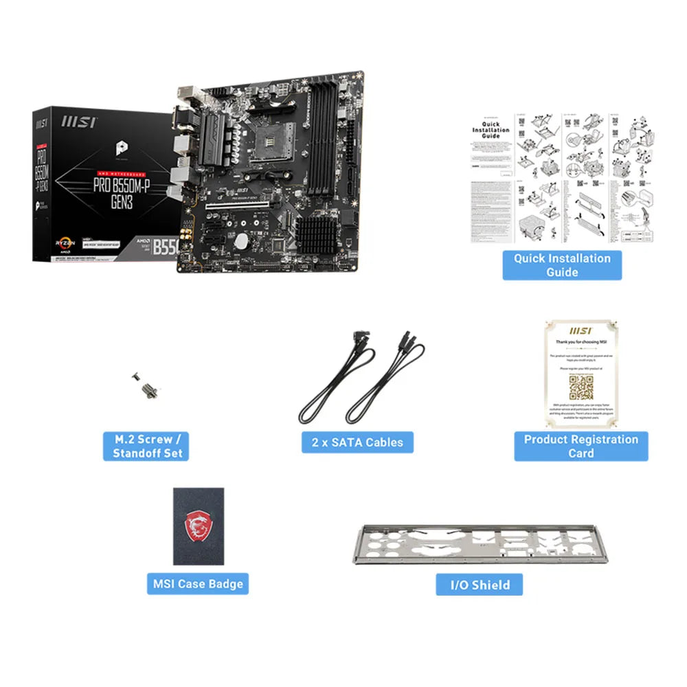 MSI PRO B550M-P GEN3 AMD Gaming Motherboard, AM4, DDR4, M.2, Supports Ryzen 5000 & 3000 Series CPUs (R3, R5, R7)