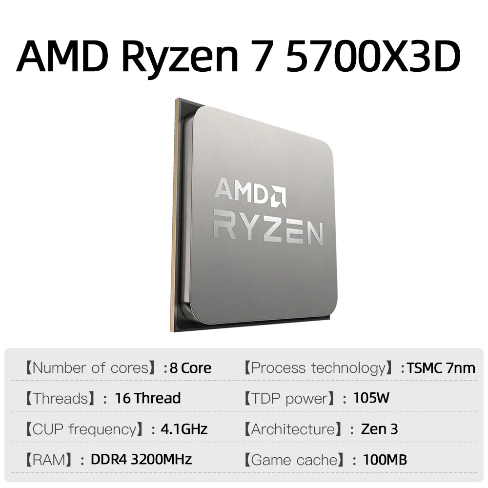 AMD Ryzen 7 5700X3D CPU | 8-Core, 16-Thread | 4.1GHz | 7nm | 100MB Cache | Socket AM4 | 2024 Gaming Processor