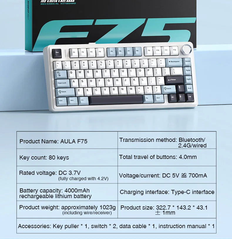 AULA F75 Mechanical Keyboard Wired/2.4G Wireless/Bluetooth RGB PBT 75% Layout OEM Profile Gasket Customized PC Gaming Keyboard