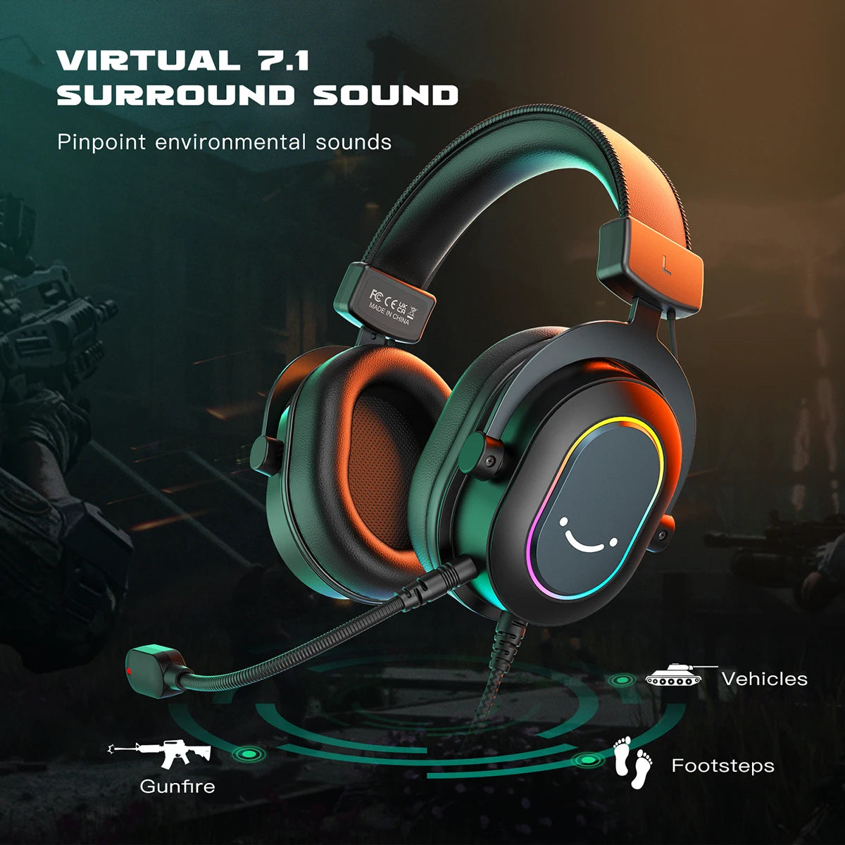 Fifine Dynamic RGB Gaming Headset with Mic - Over-Ear Headphones, 7.1 Surround Sound, for PC PS4 PS5, with 3 EQ Options for Game, Movie, Music