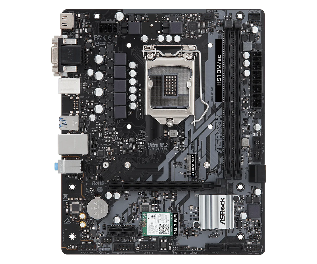 ASRock H510M/AC Micro ATX Motherboard, LGA 1200, Intel H510, 2×DDR4 64GB, PCI-E 4.0, USB 3.2 Gen1, Supports Core i3-10105F, i5-11400F