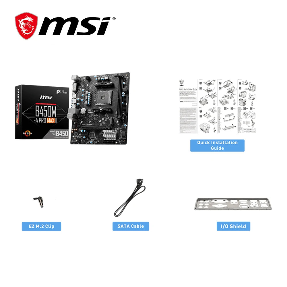 MSI B450M-A PRO MAX II Motherboard, Dual-Channel DDR4, M.2, SATA III, USB 3.2, Supports AMD R9 CPUs, Socket AM4