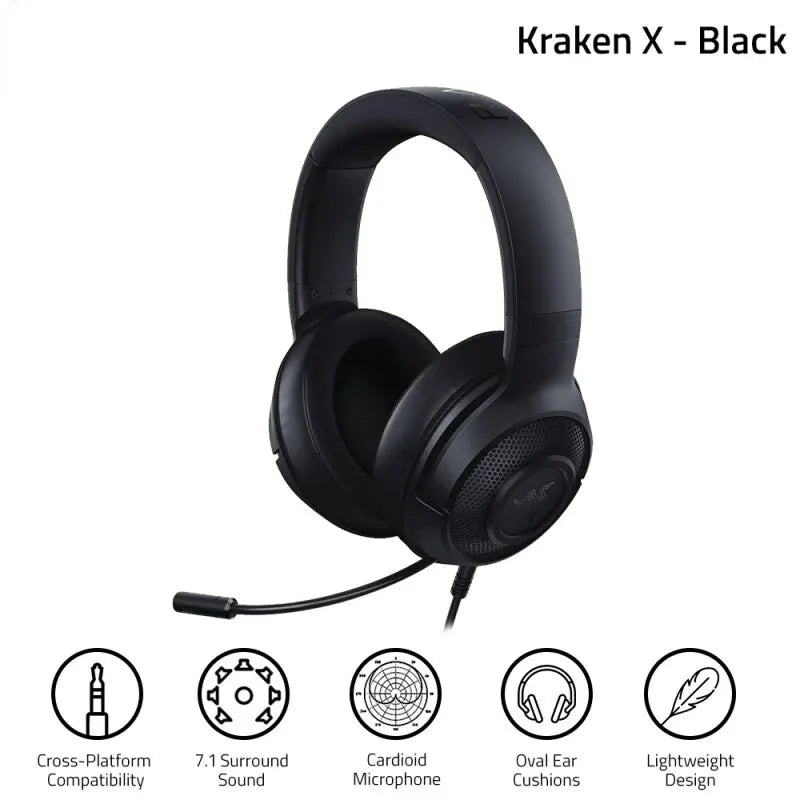 Razer Kraken X Essential Gaming Headset - 7.1 Surround Sound Headphones with Bendable Cardioid Microphone, 40mm Driver Unit