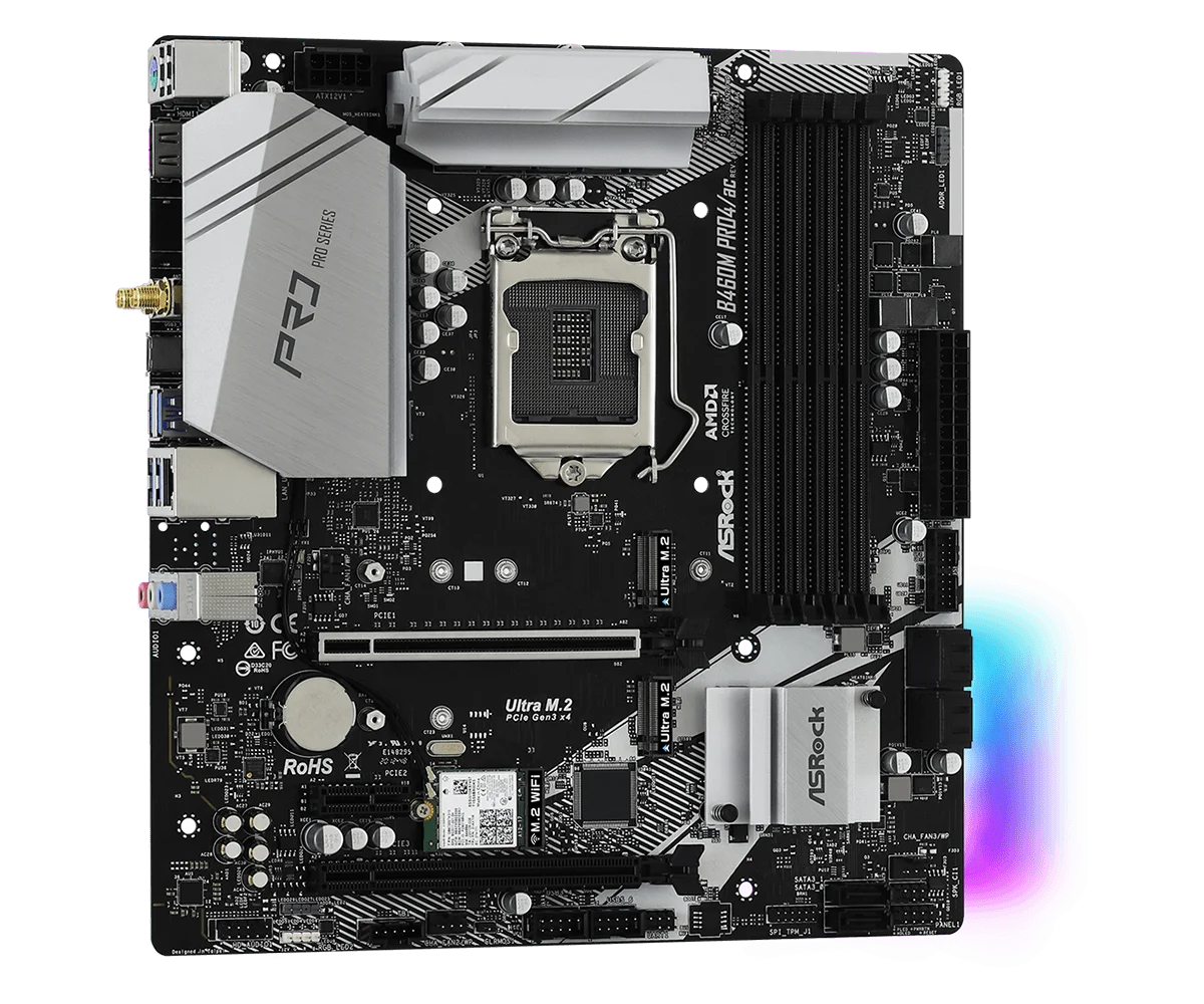 ASRock B460M PRO4/AC Micro ATX Motherboard, LGA 1200, DDR4 128GB, SATA3, M.2, Supports 10th Gen Core i9-10900F, i5-10400 CPUs