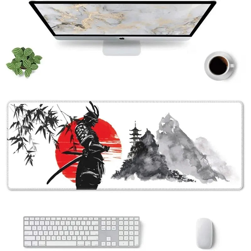 Japanese Samurai Tree Sun Gaming Mouse Pad, XL XXL Desk Mat, Natural Rubber, Anti-Slip Office Mousepad for Home and Computer