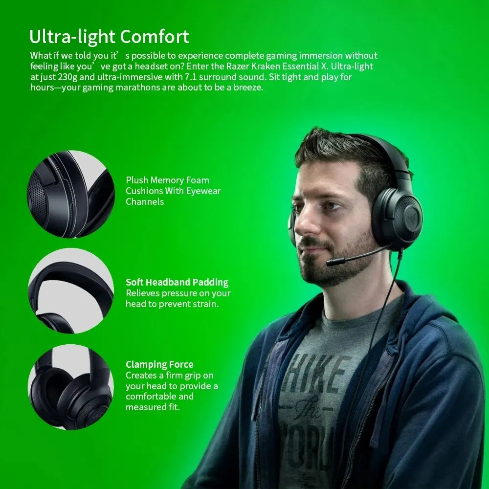 Razer Kraken X Essential Gaming Headset - 7.1 Surround Sound Headphones with Bendable Cardioid Microphone, 40mm Driver Unit