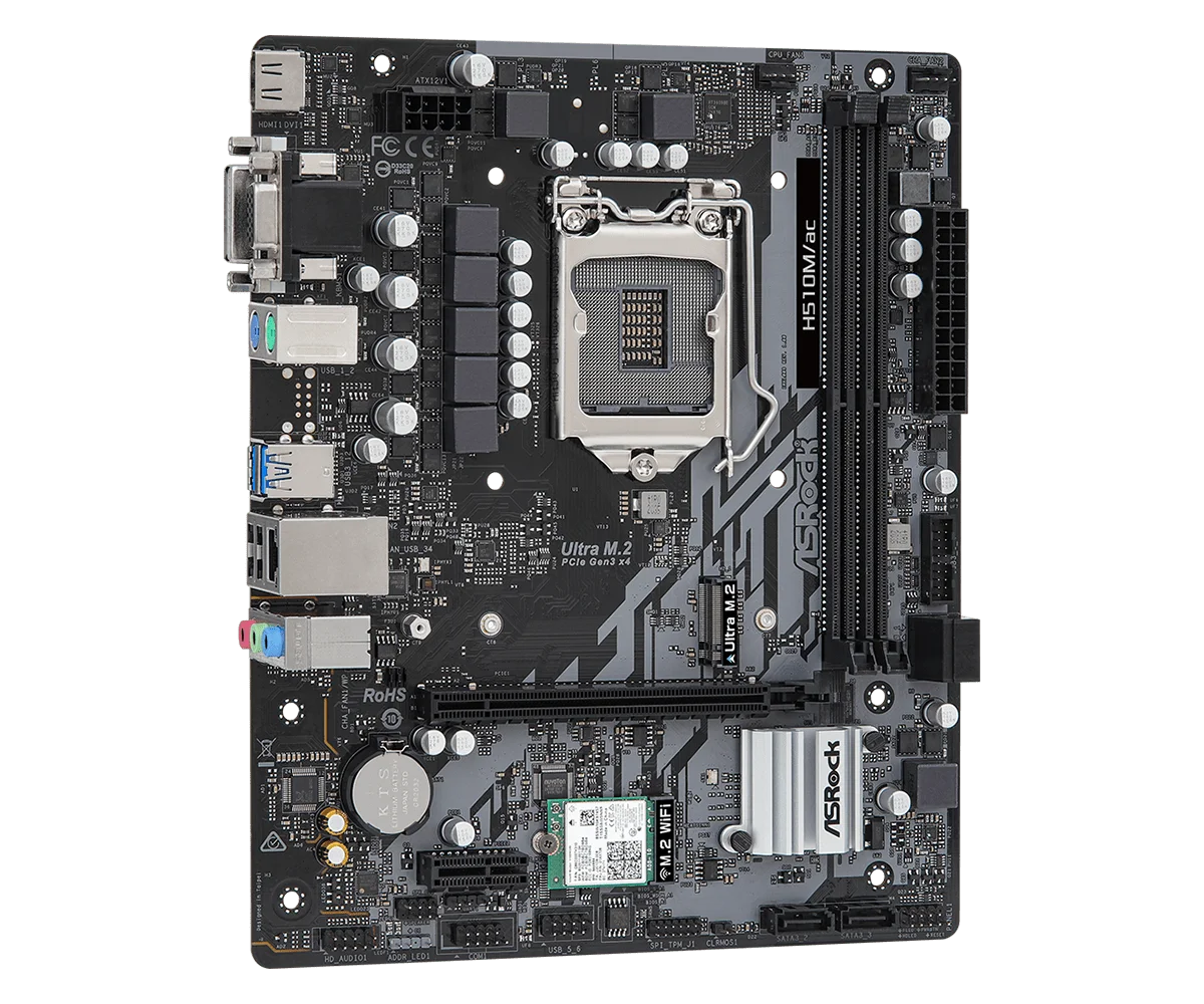 ASRock H510M/AC Micro ATX Motherboard, LGA 1200, Intel H510, 2×DDR4 64GB, PCI-E 4.0, USB 3.2 Gen1, Supports Core i3-10105F, i5-11400F