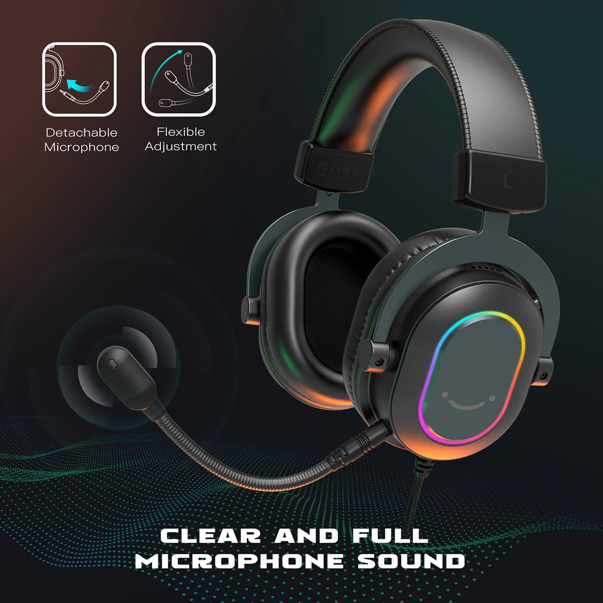 Fifine Dynamic RGB Gaming Headset with Mic - Over-Ear Headphones, 7.1 Surround Sound, for PC PS4 PS5, with 3 EQ Options for Game, Movie, Music