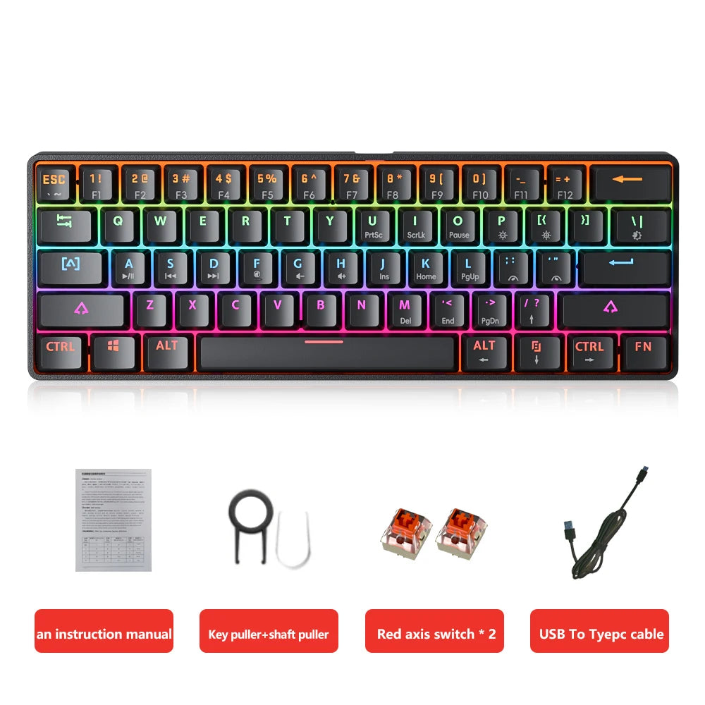 MUCAI MK61 USB Gaming Mechanical Keyboard 61 Keys Red Switch Wired Detachable Cable RGB Backlit Hot Swappable