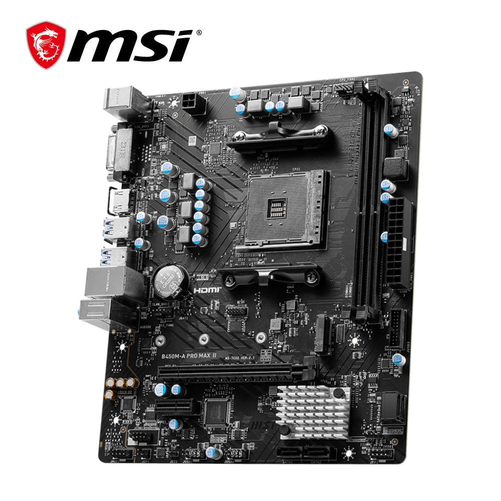 MSI B450M-A PRO MAX II Motherboard, Dual-Channel DDR4, M.2, SATA III, USB 3.2, Supports AMD R9 CPUs, Socket AM4