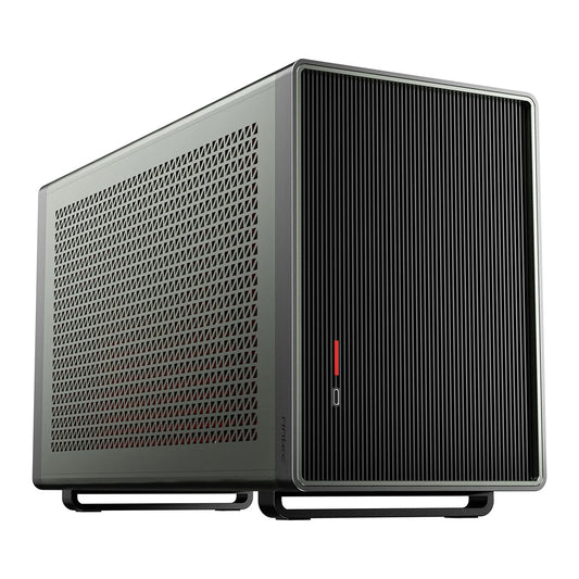 Modern compact PC case with perforated side panel and vertical front vents