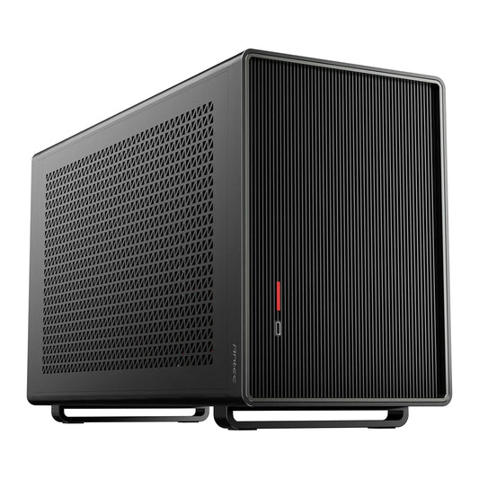 Sleek black mini ITX PC case with vented side panel and vertical slotted front grill