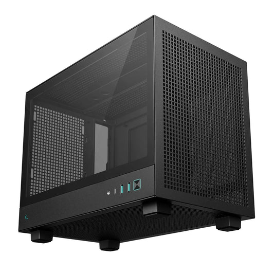 Compact black PC case with mesh side panel, glass top, and front USB ports.