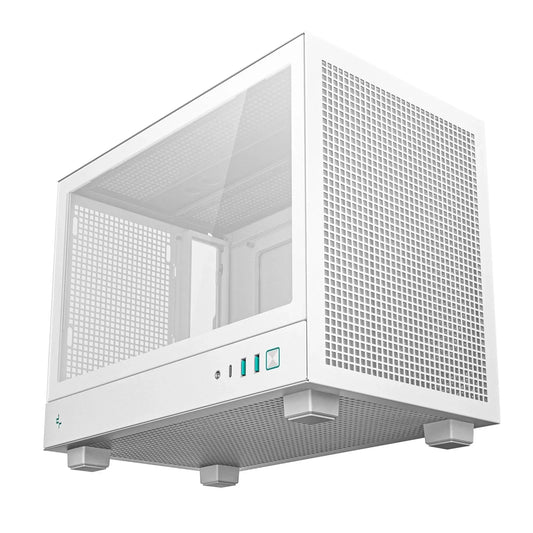White mini ITX PC case with mesh panels, glass side, and front USB ports