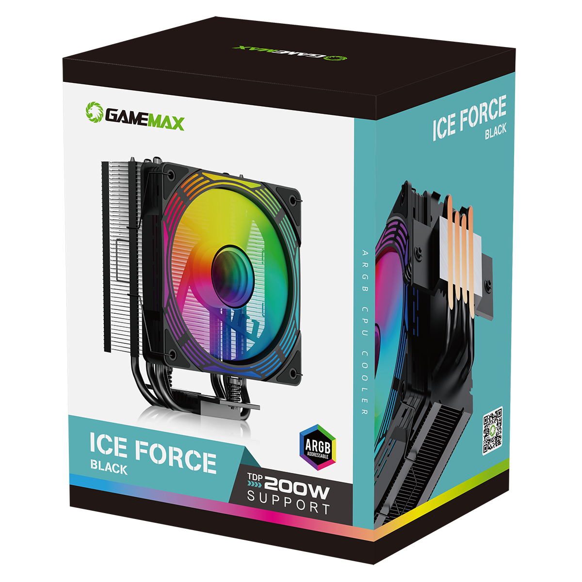 GameMax Ice Force Black CPU Cooler With 120mm FN12A-C8I PWM ARGB Infinity Fan 4 x 6mm Heat Pipes TDP 200W