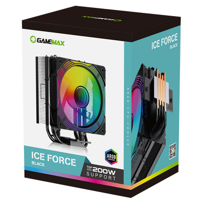 GameMax Ice Force Black CPU Cooler With 120mm FN12A-C8I PWM ARGB Infinity Fan 4 x 6mm Heat Pipes TDP 200W