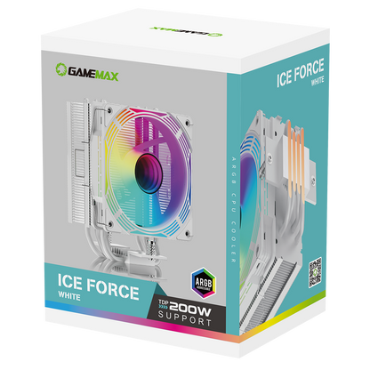 GameMax Ice Force White CPU Cooler With 120mm FN12A-C8I PWM ARGB Infinity Fan 4 x 6mm Heat Pipes TDP 200W