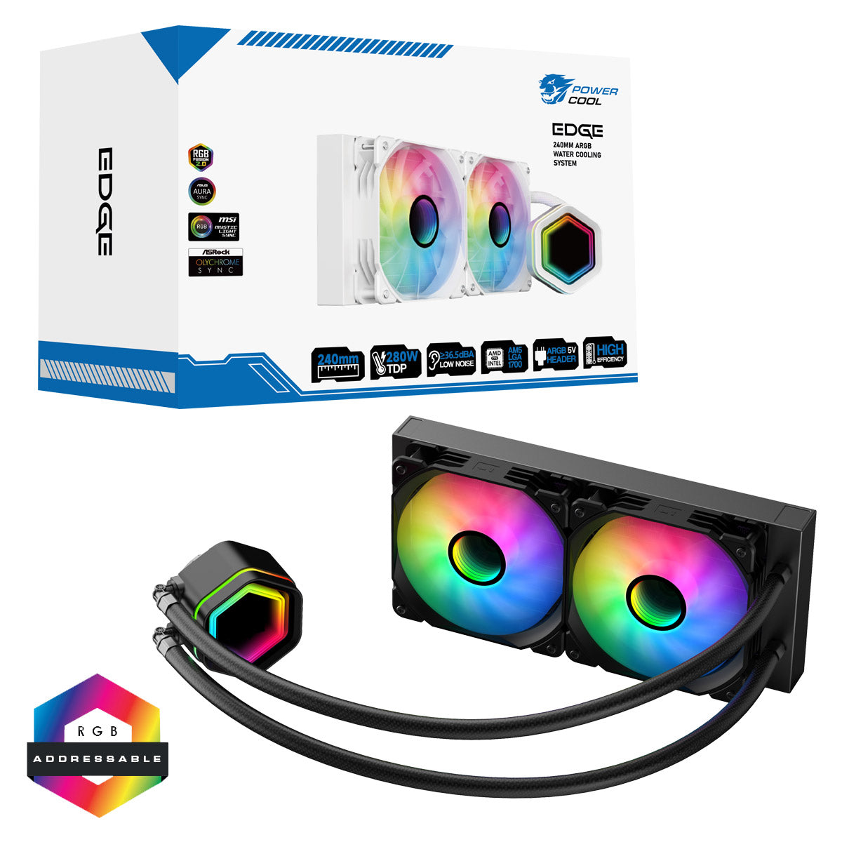 Powercool Edge Black ARGB All-In-One 240mm Intel and AMD CPU Infinity Watercooler - Destello