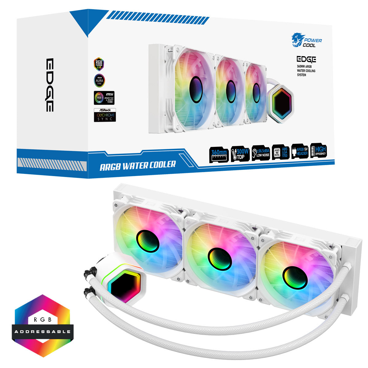 Powercool Edge White ARGB All-In-One 360mm Intel and AMD CPU Infinity Watercooler - Destello