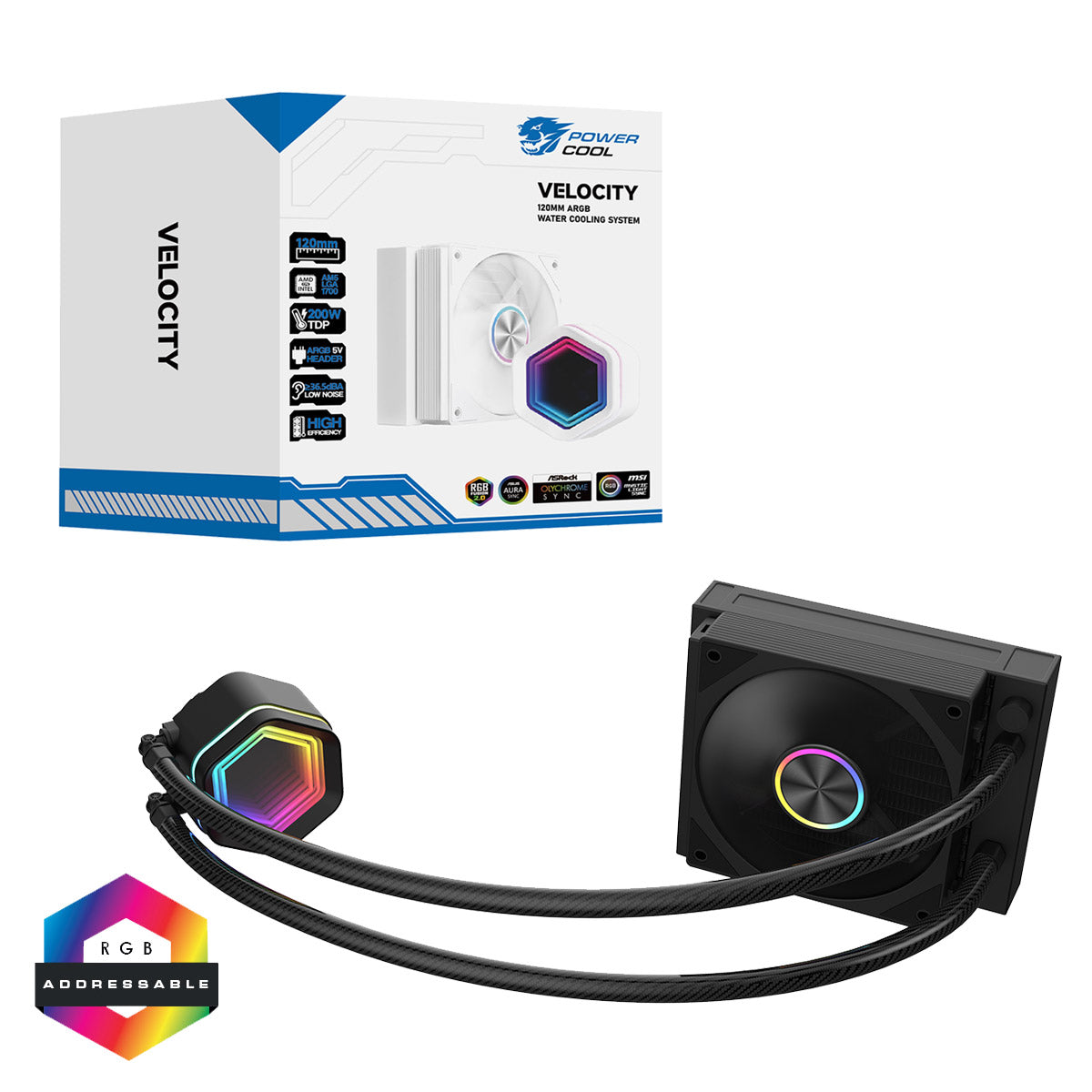 Powercool Velocity Black ARGB All-In-One 120mm Intel and AMD FDB Infinity Watercooler - Destello