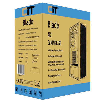 CiT Blade White ATX Gaming Case with Tempered Glass Panels with 70 Percent Tint with 6 x Inner-Ring ARGB Fans and 6-Port Hub CiT